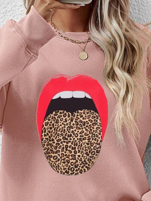 Leopard Lip Graphic Women Long Sleeve Sweatshirt-MXSTUDIO.COM
