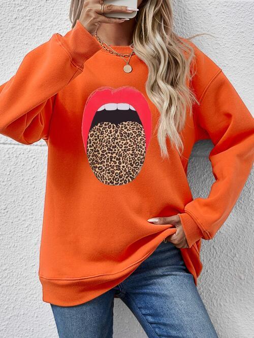 Leopard Lip Graphic Women Long Sleeve Sweatshirt-MXSTUDIO.COM