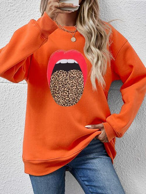 Leopard Lip Graphic Women Long Sleeve Sweatshirt-MXSTUDIO.COM