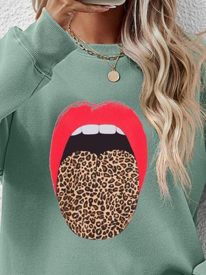 Leopard Lip Graphic Women Long Sleeve Sweatshirt-MXSTUDIO.COM