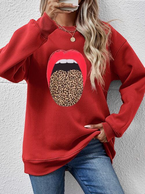 Leopard Lip Graphic Women Long Sleeve Sweatshirt-MXSTUDIO.COM