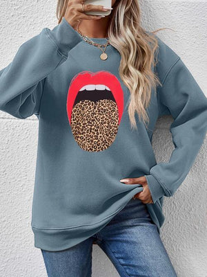 Leopard Lip Graphic Women Long Sleeve Sweatshirt-MXSTUDIO.COM