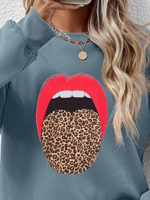 Leopard Lip Graphic Women Long Sleeve Sweatshirt-MXSTUDIO.COM