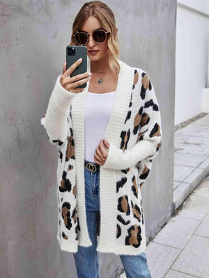 Leopard Pattern Open Front Fuzzy Long Cardigan - MXSTUDIO.COM