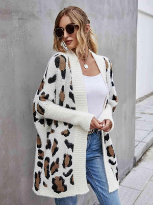 Leopard Pattern Open Front Fuzzy Long Cardigan - MXSTUDIO.COM