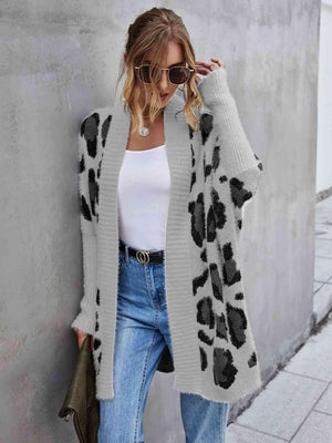 Leopard Pattern Open Front Fuzzy Long Cardigan - MXSTUDIO.COM