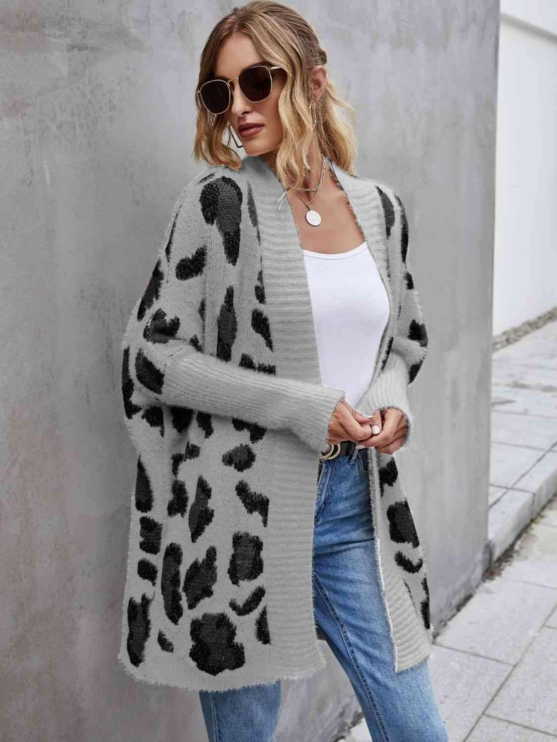 Leopard Pattern Open Front Fuzzy Long Cardigan - MXSTUDIO.COM