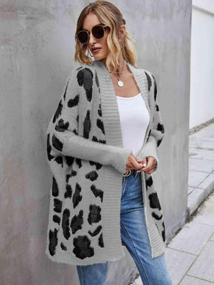 Leopard Pattern Open Front Fuzzy Long Cardigan - MXSTUDIO.COM