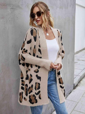 Leopard Pattern Open Front Fuzzy Long Cardigan - MXSTUDIO.COM