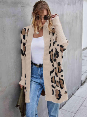 Leopard Pattern Open Front Fuzzy Long Cardigan - MXSTUDIO.COM
