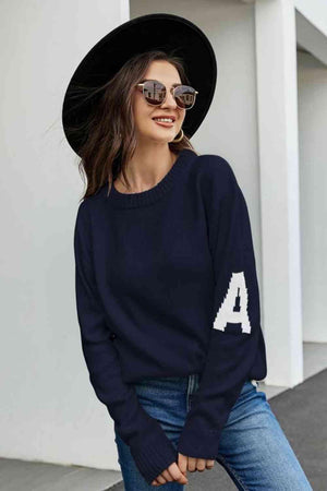 Letter A Long Sleeve Crew Neck Sweater - MXSTUDIO.COM