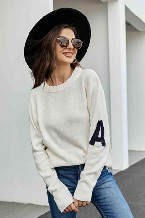 Letter A Long Sleeve Crew Neck Sweater - MXSTUDIO.COM