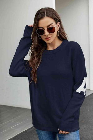 Letter A Long Sleeve Crew Neck Sweater - MXSTUDIO.COM
