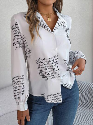 a woman wearing a white shirt with black writing on it