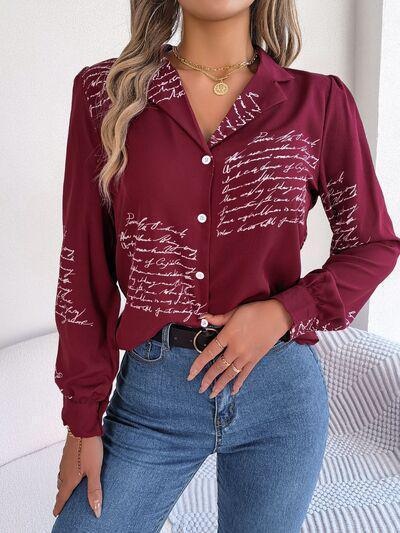 a woman wearing a red shirt with writing on it