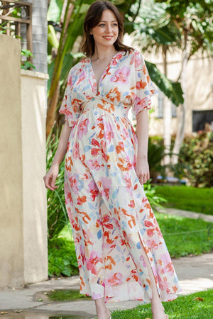 Light And Airy Floral Slit Deep V Maxi Dress - MXSTUDIO.COM