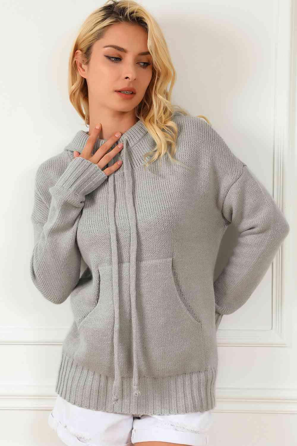 Light Gray Kangaroo Pocket Hooded Sweater - MXSTUDIO.COM