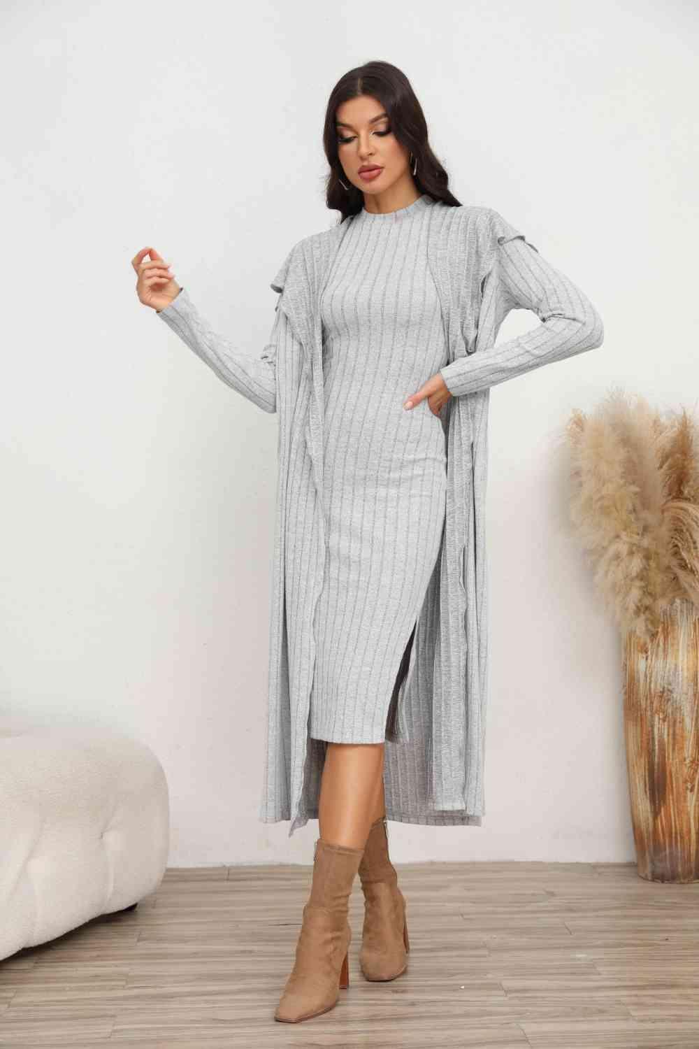 Light Gray Sleeveless Slit Dress and Cardigan Set - MXSTUDIO.COM