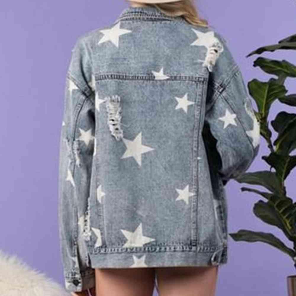 Light Wash Stars Distressed Denim Shacket - MXSTUDIO.COM