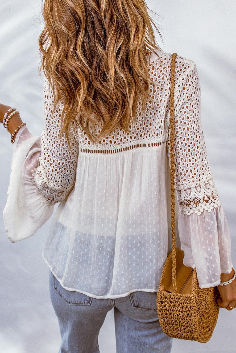 Live For Today Flare Sleeve White Eyelet Blouse - MXSTUDIO.COM