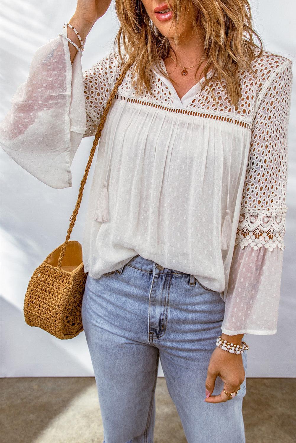 Live For Today Flare Sleeve White Eyelet Blouse - MXSTUDIO.COM