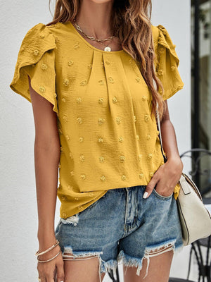 Live More Worry Less Swiss Dot Petal Sleeve Blouse - MXSTUDIO.COM