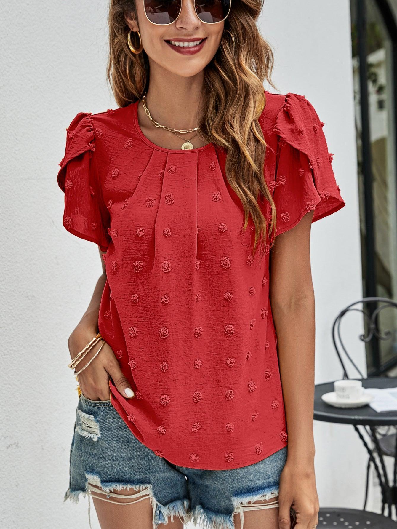 Live More Worry Less Swiss Dot Petal Sleeve Blouse - MXSTUDIO.COM