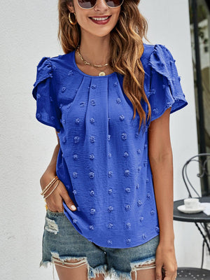Live More Worry Less Swiss Dot Petal Sleeve Blouse - MXSTUDIO.COM