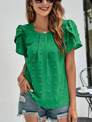 Live More Worry Less Swiss Dot Petal Sleeve Blouse - MXSTUDIO.COM