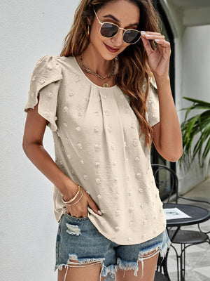 Live More Worry Less Swiss Dot Petal Sleeve Blouse - MXSTUDIO.COM