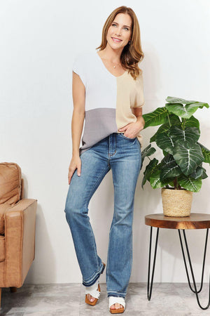Live Simply Short Sleeve V Neck Knit Top - MXSTUDIO.COM