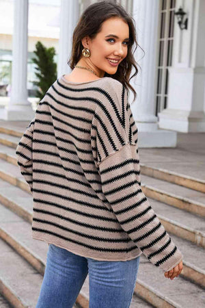 Lively And Comfy Drop Shoulder Striped Sweater - MXSTUDIO.COM
