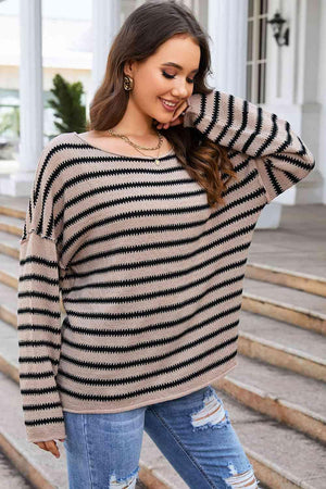 Lively And Comfy Drop Shoulder Striped Sweater - MXSTUDIO.COM