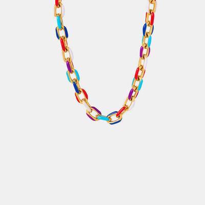a multicolored necklace on a white background