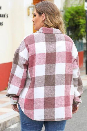 Long Sleeve Button-Up Plus Size Plaid Jacket-MXSTUDIO.COM