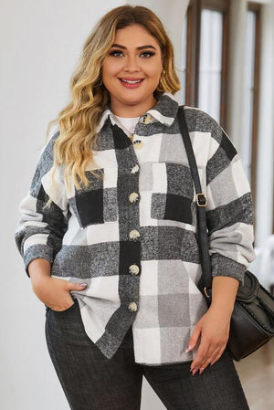 Long Sleeve Button-Up Plus Size Plaid Jacket-MXSTUDIO.COM