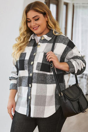 Long Sleeve Button-Up Plus Size Plaid Jacket-MXSTUDIO.COM