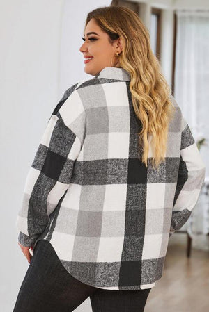 Long Sleeve Button-Up Plus Size Plaid Jacket-MXSTUDIO.COM