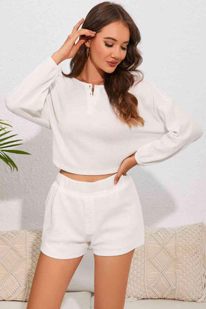 Long Sleeve Cropped Top And Shorts White Lounge Set - MXSTUDIO.COM