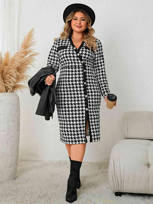 Long Sleeve Plus Size Houndstooth Dress - MXSTUDIO.COM