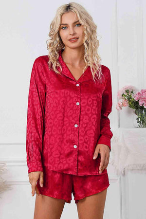 Long Sleeve Shirt and Shorts Womens Red Lounge Set - MXSTUDIO.COM