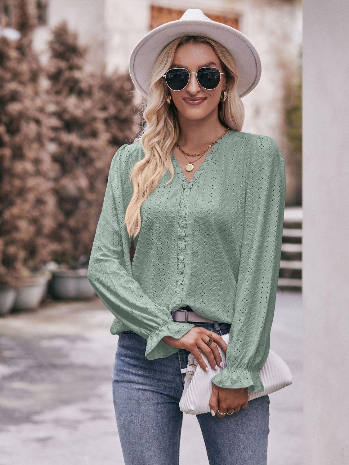 Look At Me Eyelet V Neck Long Sleeve Blouse - MXSTUDIO.COM