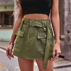 Look Edgy Belted Denim Cargo Mini Skort - MXSTUDIO.COM