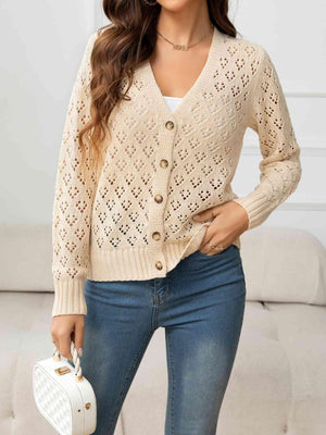 Look Natural V-Neck Open Knit Cardigan-MXSTUDIO.COM