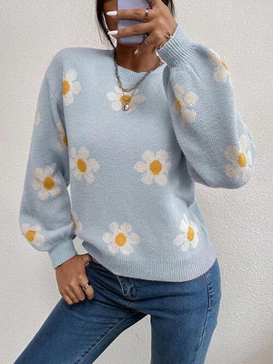 Look Young Lantern Sleeve Flower Knitted Sweater-MXSTUDIO.COM