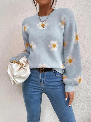 Look Young Lantern Sleeve Flower Knitted Sweater-MXSTUDIO.COM