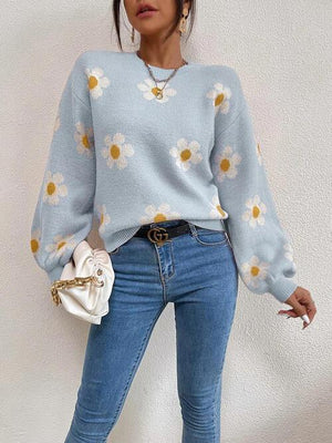 Look Young Lantern Sleeve Flower Knitted Sweater-MXSTUDIO.COM