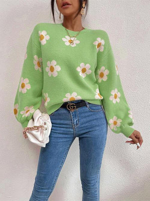 Look Young Lantern Sleeve Flower Knitted Sweater-MXSTUDIO.COM