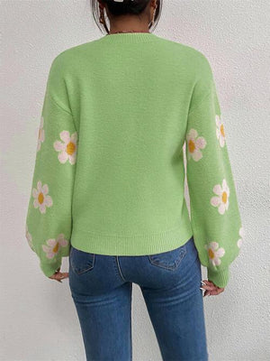 Look Young Lantern Sleeve Flower Knitted Sweater-MXSTUDIO.COM