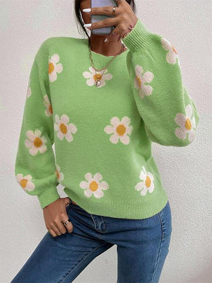 Look Young Lantern Sleeve Flower Knitted Sweater-MXSTUDIO.COM